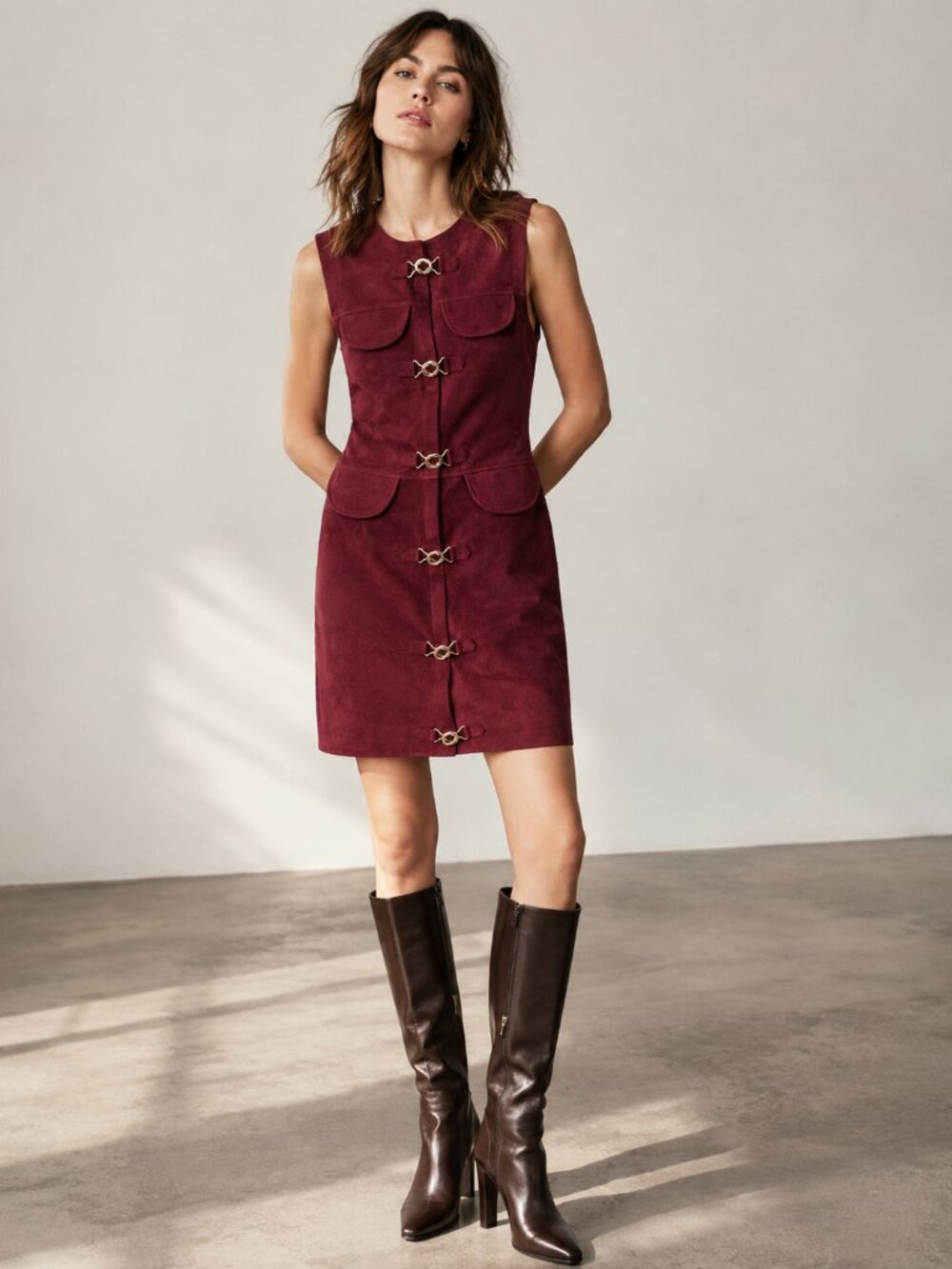 ALEXA CHUNG 100% Genuine Goat Suede Burgundy Mini Shift Dress NEW NWT